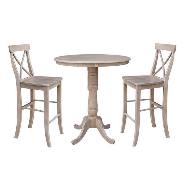 International Concepts Round 36 in Rd Ped Bar Ht Table, 2 Bar Ht Stools, Weathered Grey, 36 W, 36 L, 41.1 in H, Wood K09-36RT-S6133-2 - main